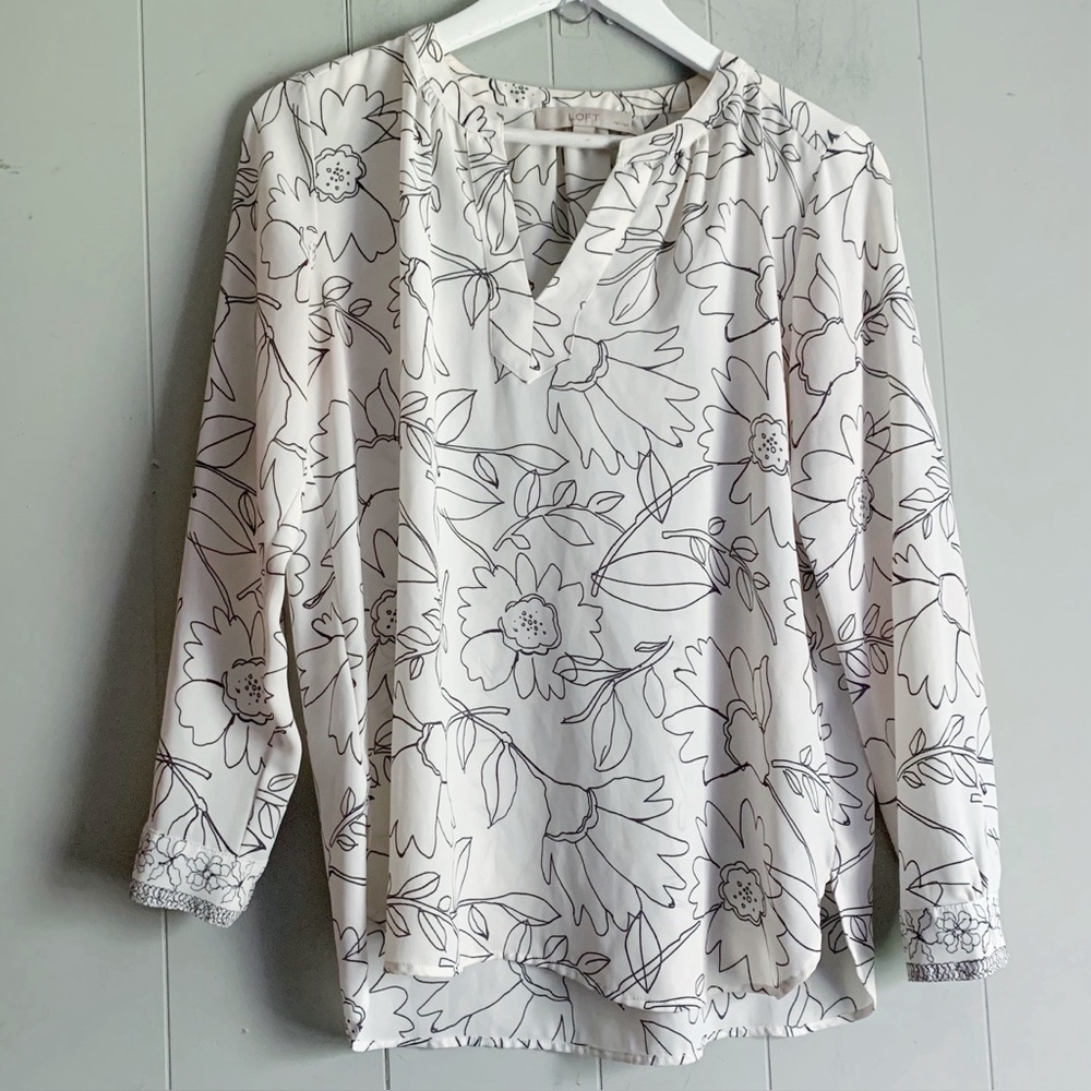 Loft Petites Semi Sheer Ivory Floral Tunic Top SP